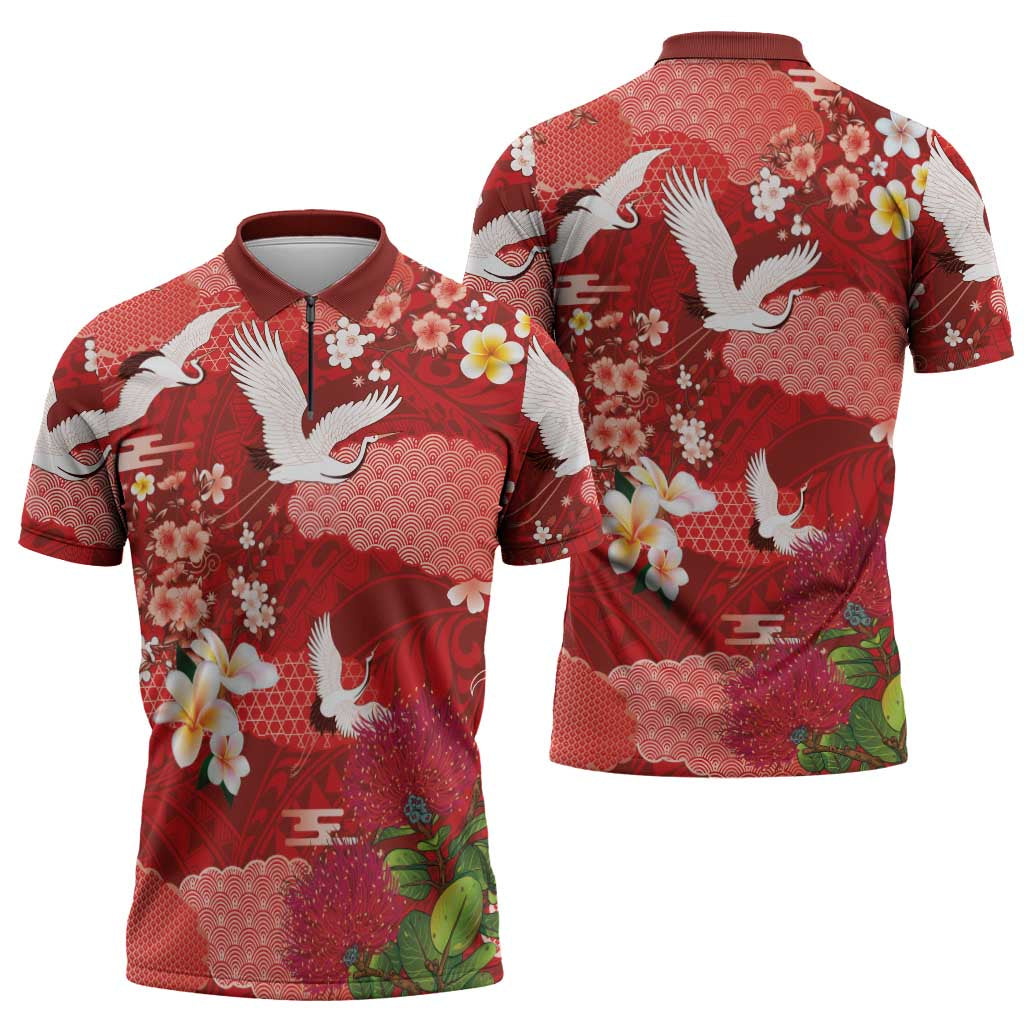 Hawaiian and Japanese Culture Together Zipper Polo Shirt Red Ohia Lehua Plumeria and Sakura Blooming - Polynesian Pride