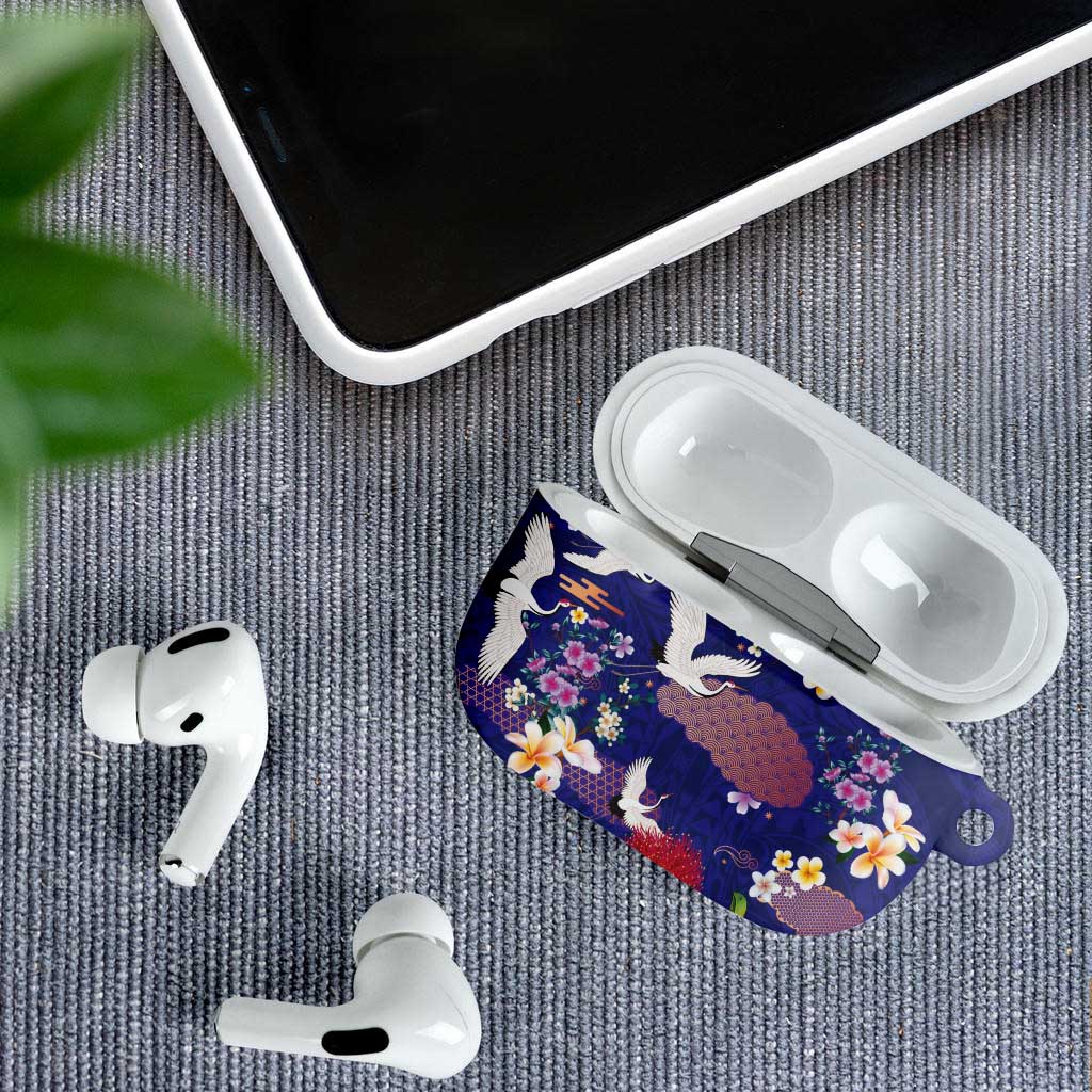 Hawaiian and Japanese Culture Together AirPods Case Blue Ohia Lehua Plumeria and Sakura Blooming - Polynesian Pride