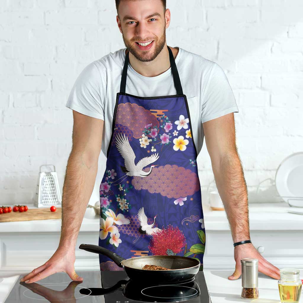 Hawaiian and Japanese Culture Together Apron Blue Ohia Lehua Plumeria and Sakura Blooming - Polynesian Pride