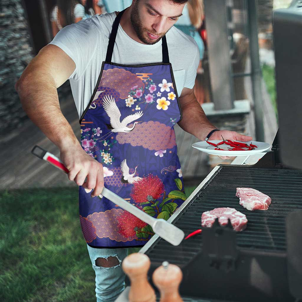 Hawaiian and Japanese Culture Together Apron Blue Ohia Lehua Plumeria and Sakura Blooming - Polynesian Pride