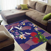 Hawaiian and Japanese Culture Together Area Rug Blue Ohia Lehua Plumeria and Sakura Blooming - Polynesian Pride
