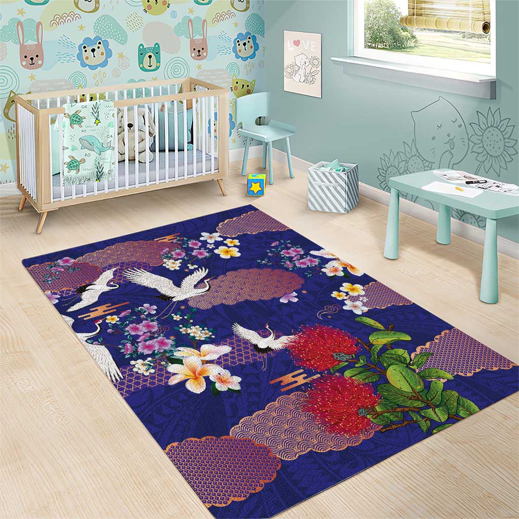 Hawaiian and Japanese Culture Together Area Rug Blue Ohia Lehua Plumeria and Sakura Blooming - Polynesian Pride