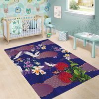 Hawaiian and Japanese Culture Together Area Rug Blue Ohia Lehua Plumeria and Sakura Blooming - Polynesian Pride