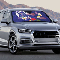 Hawaiian and Japanese Culture Together Auto Sun Shade Blue Ohia Lehua Plumeria and Sakura Blooming - Polynesian Pride