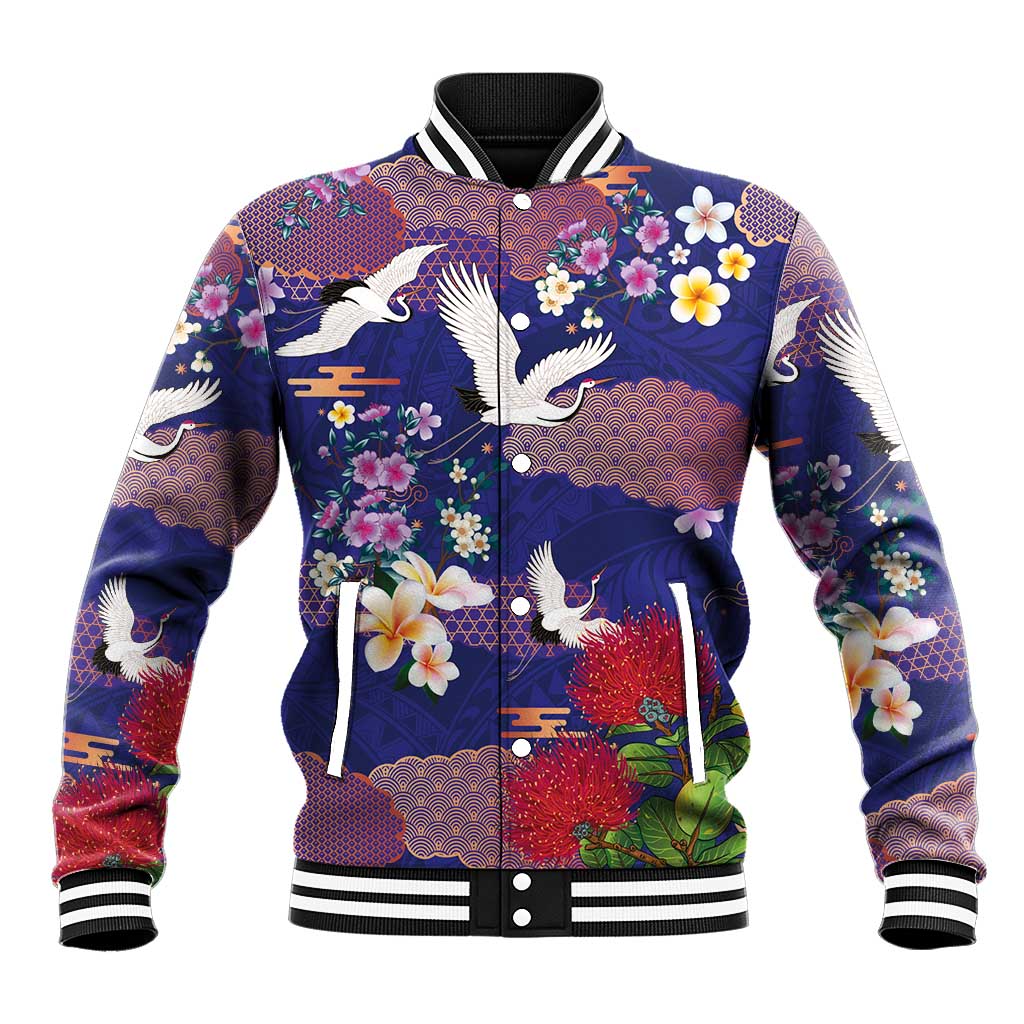 Hawaiian and Japanese Culture Together Baseball Jacket Blue Ohia Lehua Plumeria and Sakura Blooming LT03 Unisex Blue - Polynesian Pride