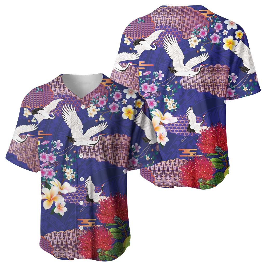 Hawaiian and Japanese Culture Together Baseball Jersey Blue Ohia Lehua Plumeria and Sakura Blooming - Polynesian Pride