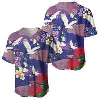 Hawaiian and Japanese Culture Together Baseball Jersey Blue Ohia Lehua Plumeria and Sakura Blooming - Polynesian Pride