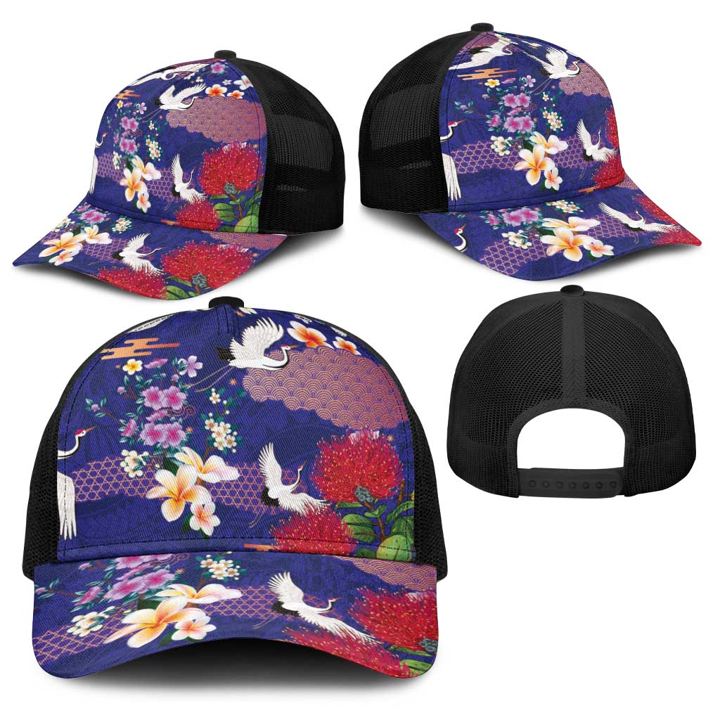 Hawaiian and Japanese Culture Together Baseball Net Cap Blue Ohia Lehua Plumeria and Sakura Blooming - Polynesian Pride