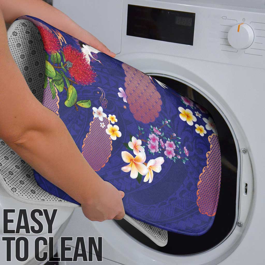 Hawaiian and Japanese Culture Together Bathroom Set Blue Ohia Lehua Plumeria and Sakura Blooming - Polynesian Pride