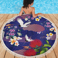 Hawaiian and Japanese Culture Together Beach Blanket Blue Ohia Lehua Plumeria and Sakura Blooming - Polynesian Pride