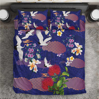 Hawaiian and Japanese Culture Together Bedding Set Blue Ohia Lehua Plumeria and Sakura Blooming - Polynesian Pride