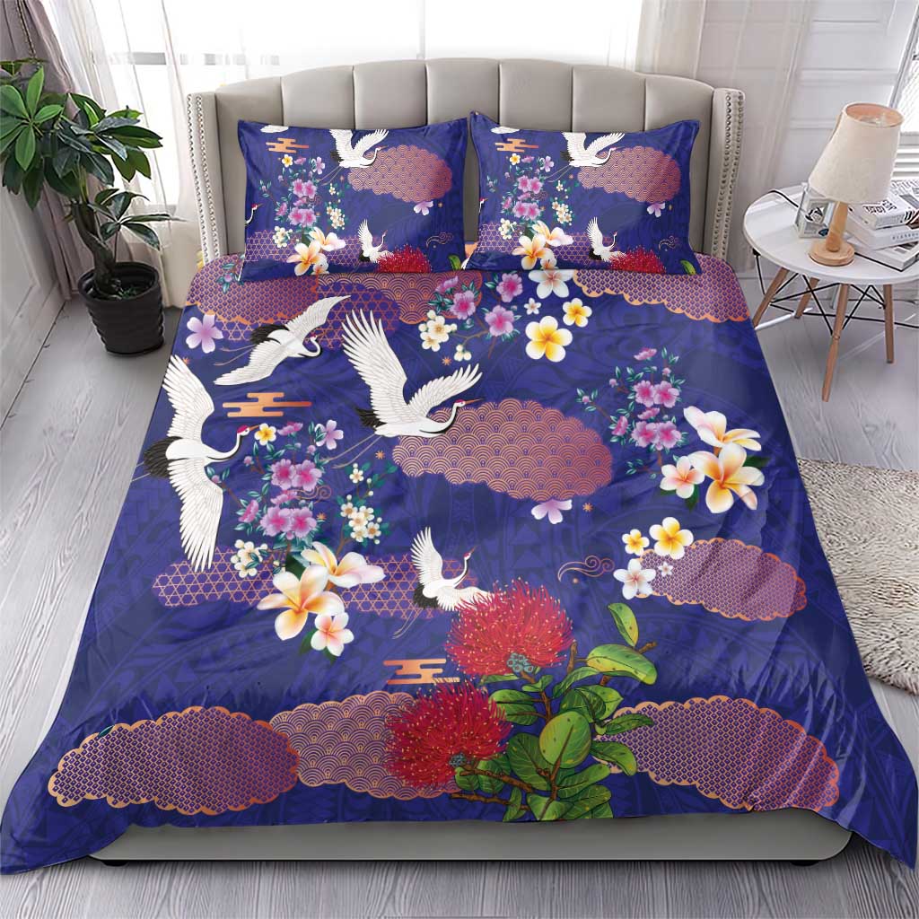 Hawaiian and Japanese Culture Together Bedding Set Blue Ohia Lehua Plumeria and Sakura Blooming - Polynesian Pride
