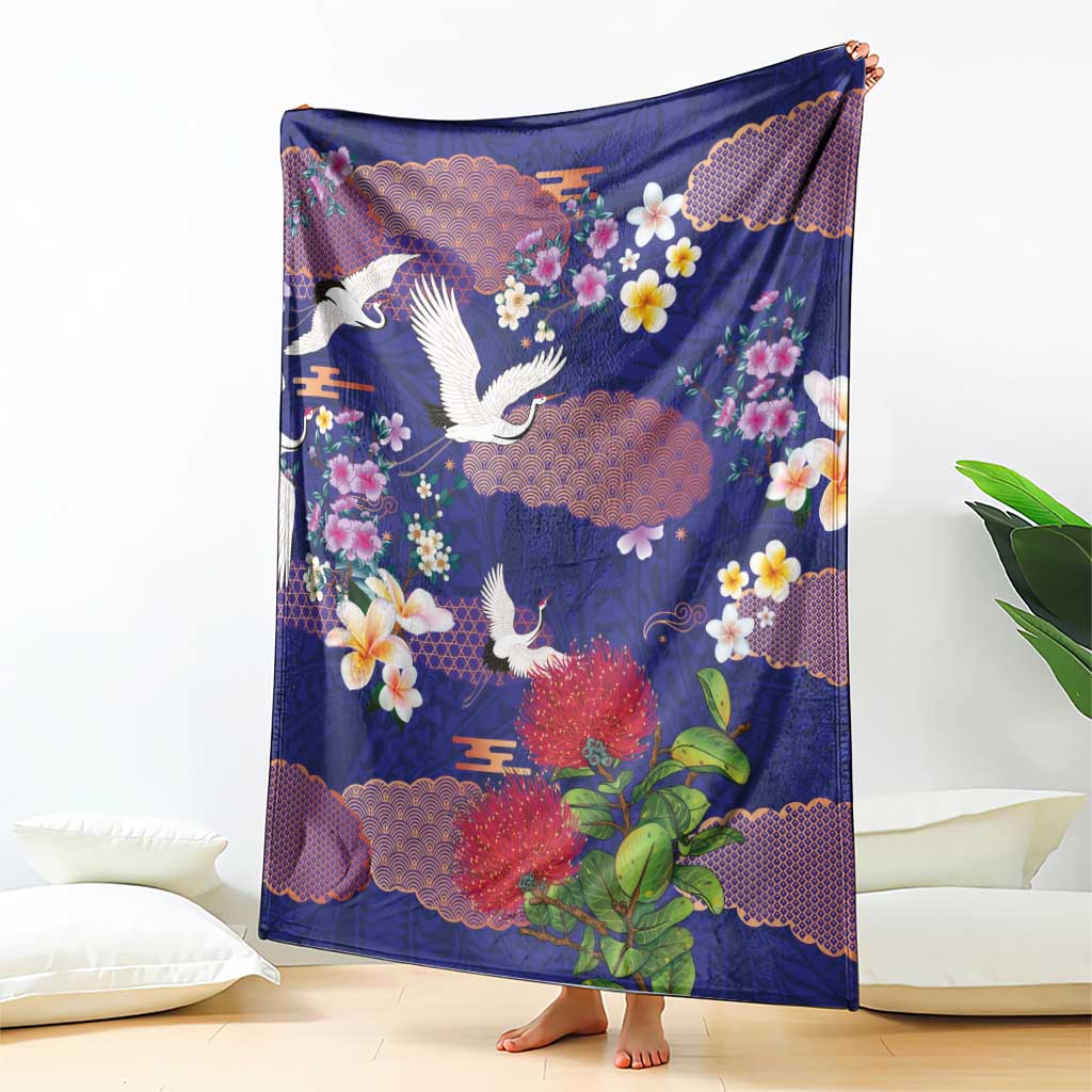 Hawaiian and Japanese Culture Together Blanket Blue Ohia Lehua Plumeria and Sakura Blooming - Polynesian Pride