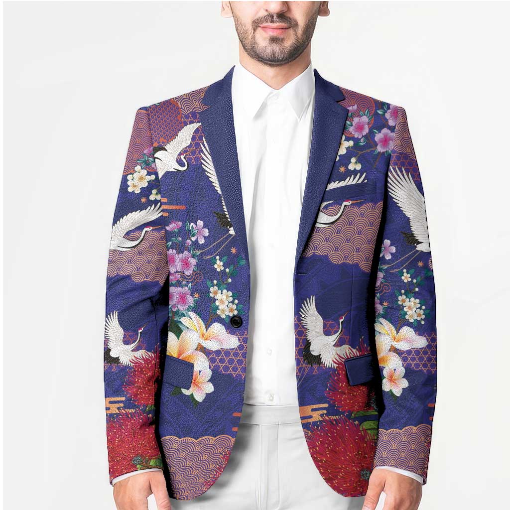 Hawaiian and Japanese Culture Together Blazer Blue Ohia Lehua Plumeria and Sakura Blooming - Polynesian Pride
