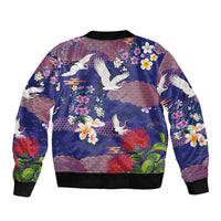 Hawaiian and Japanese Culture Together Bomber Jacket Blue Ohia Lehua Plumeria and Sakura Blooming - Polynesian Pride