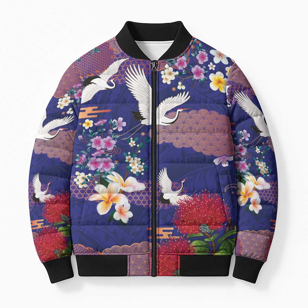 Hawaiian and Japanese Culture Together Bomber Puffer Jacket Blue Ohia Lehua Plumeria and Sakura Blooming LT03 Unisex Blue - Polynesian Pride