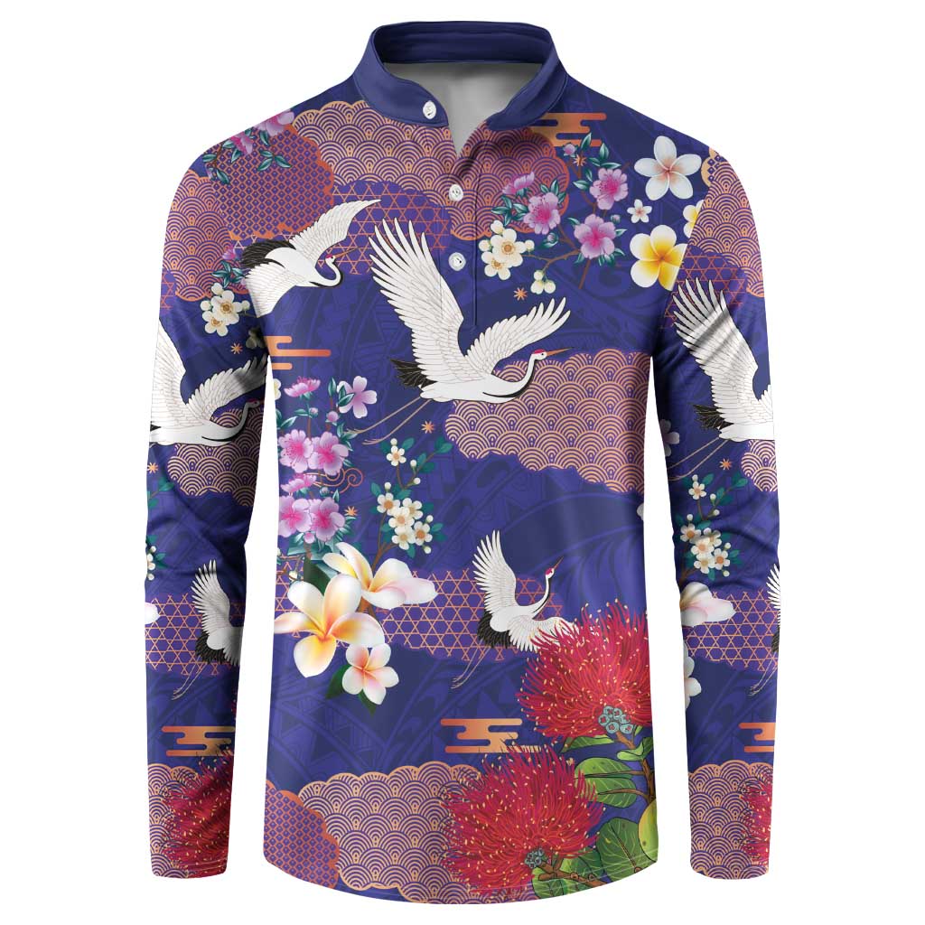 Hawaiian and Japanese Culture Together Button Sweatshirt Blue Ohia Lehua Plumeria and Sakura Blooming LT03 Blue - Polynesian Pride