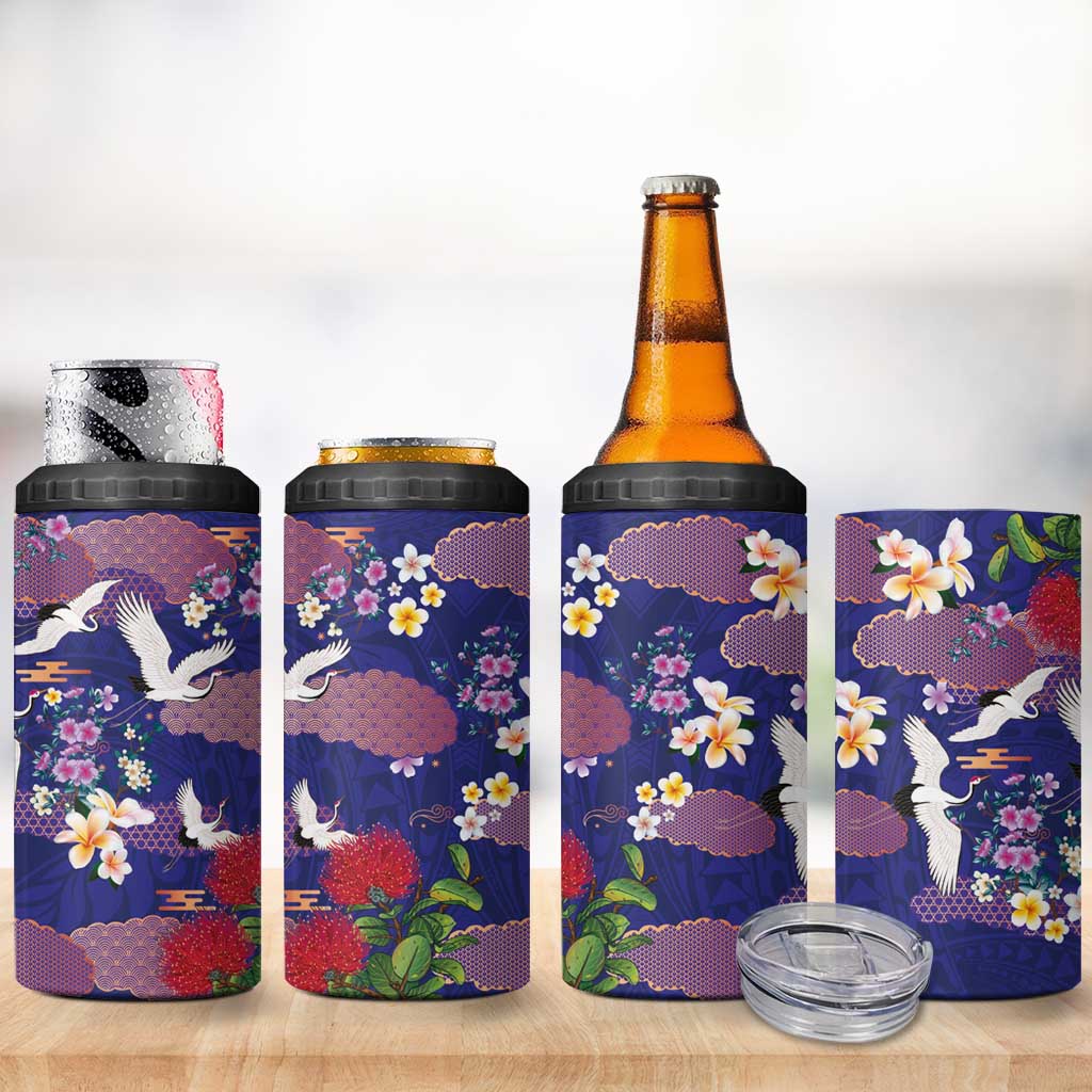 Hawaiian and Japanese Culture Together 4 in 1 Can Cooler Tumbler Blue Ohia Lehua Plumeria and Sakura Blooming - Polynesian Pride