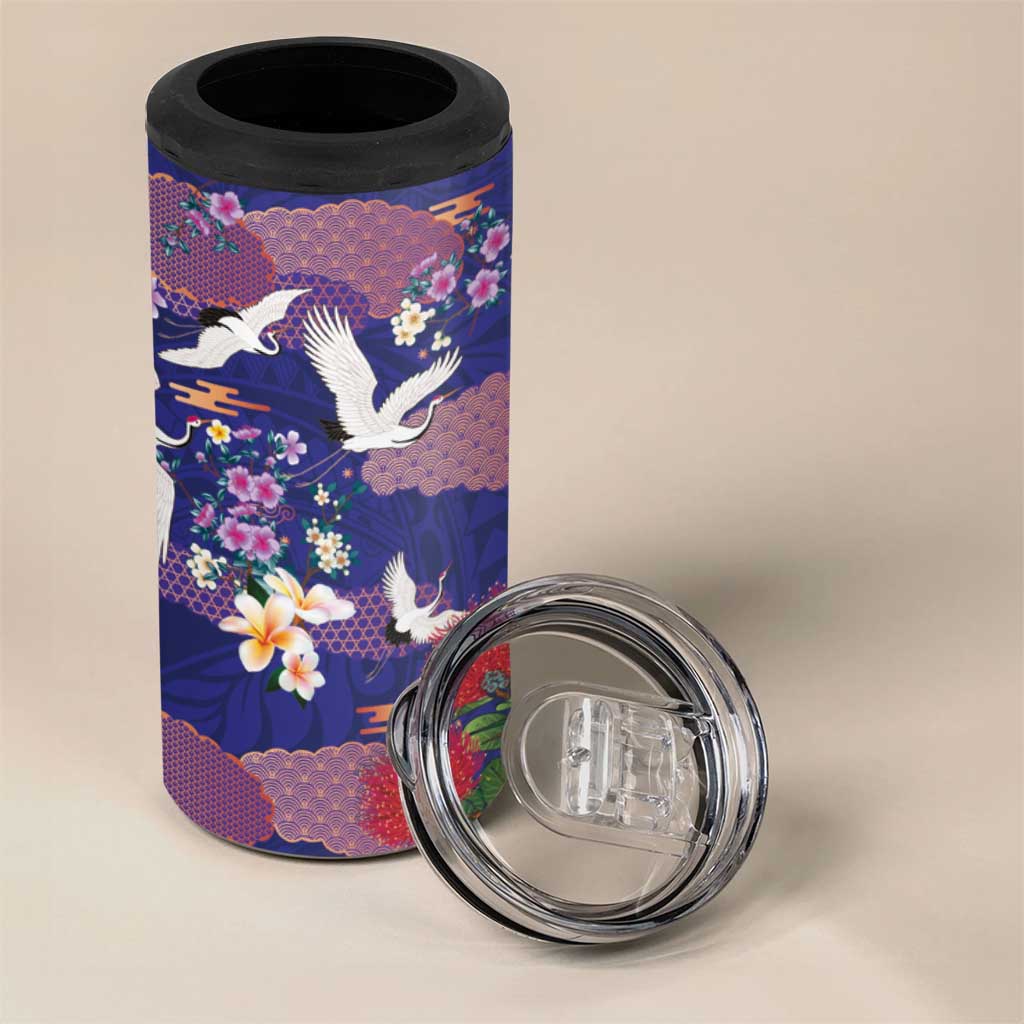 Hawaiian and Japanese Culture Together 4 in 1 Can Cooler Tumbler Blue Ohia Lehua Plumeria and Sakura Blooming - Polynesian Pride