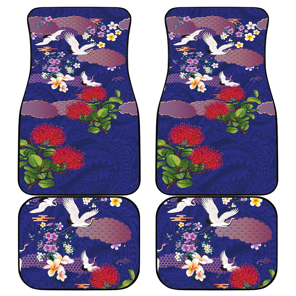 Hawaiian and Japanese Culture Together Car Mats Blue Ohia Lehua Plumeria and Sakura Blooming - Polynesian Pride
