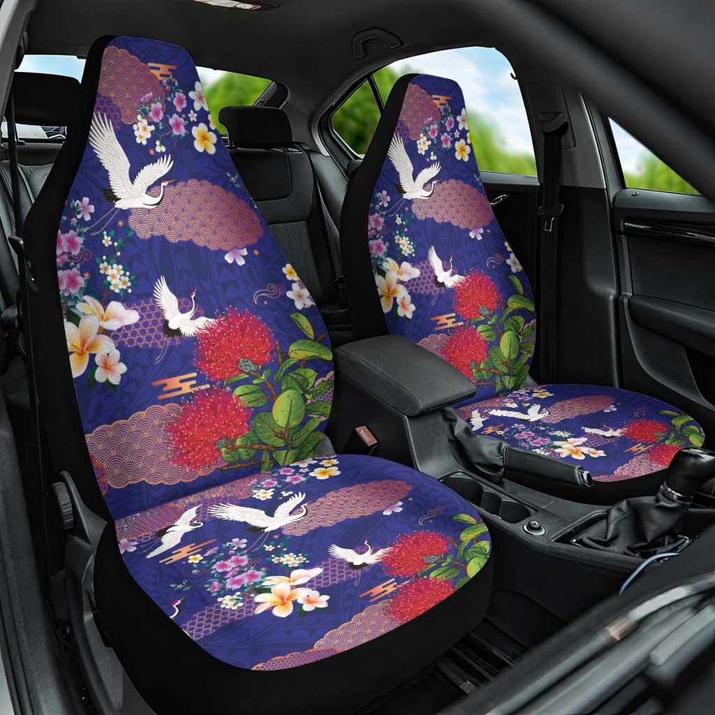 Hawaiian and Japanese Culture Together Car Seat Cover Blue Ohia Lehua Plumeria and Sakura Blooming - Polynesian Pride