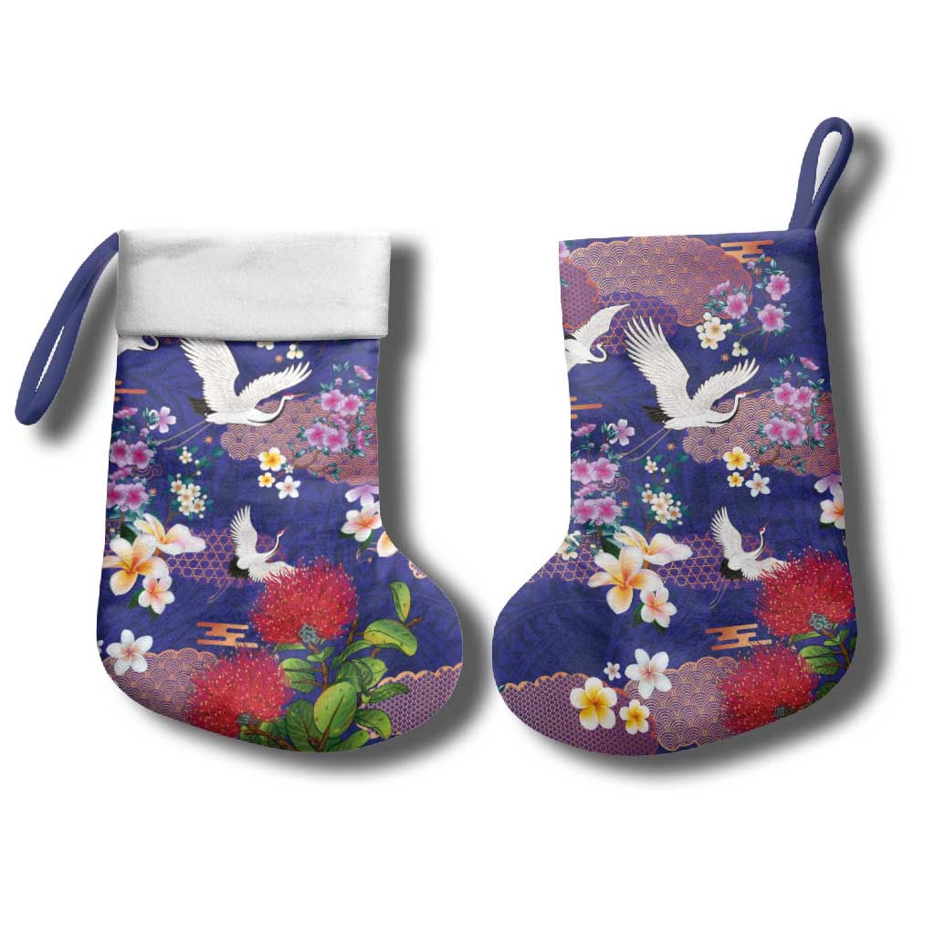 Hawaiian and Japanese Culture Together Christmas Stocking Blue Ohia Lehua Plumeria and Sakura Blooming - Polynesian Pride
