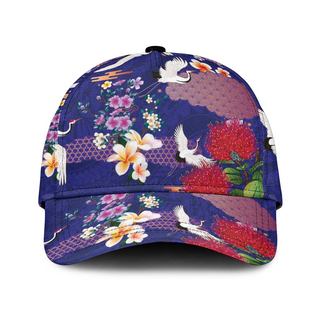 Hawaiian and Japanese Culture Together Classic Cap Blue Ohia Lehua Plumeria and Sakura Blooming LT03 Universal Fit Blue - Polynesian Pride