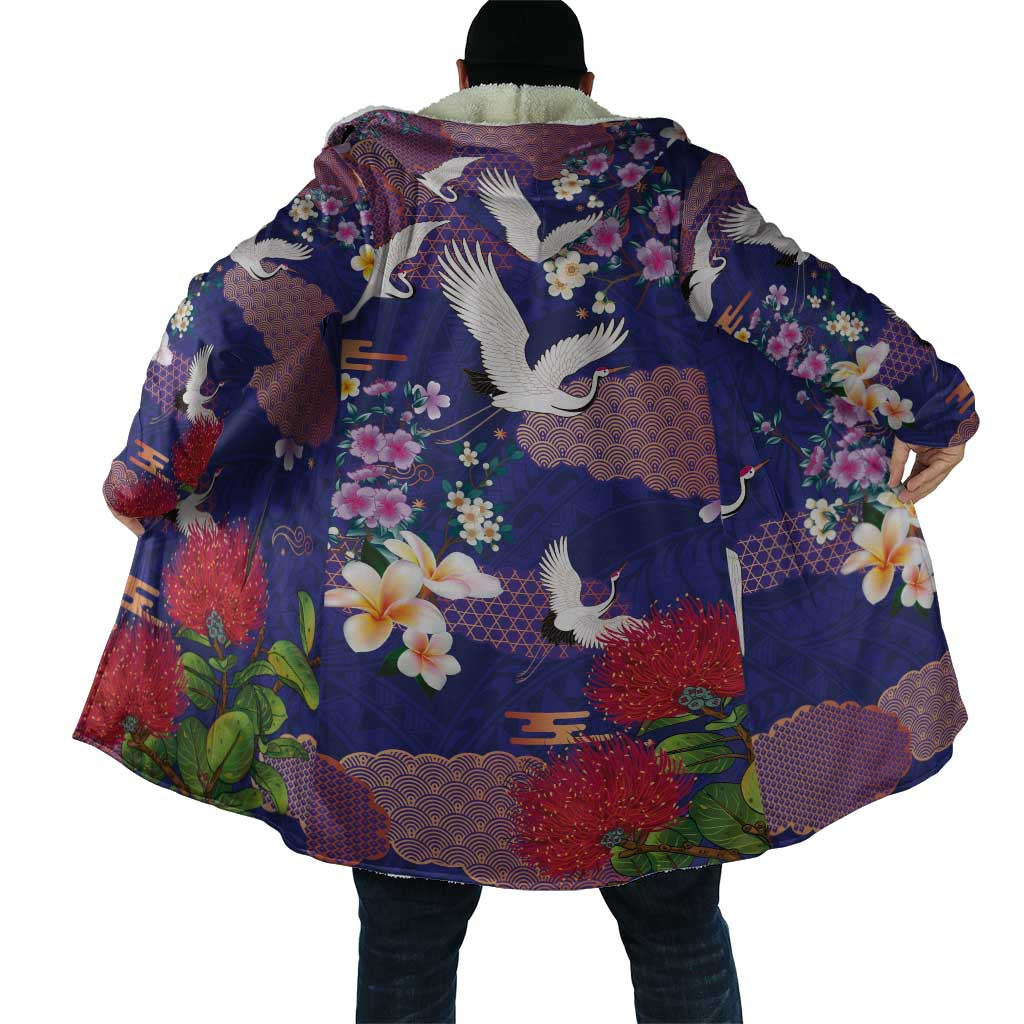 Hawaiian and Japanese Culture Together Cloak Blue Ohia Lehua Plumeria and Sakura Blooming - Polynesian Pride