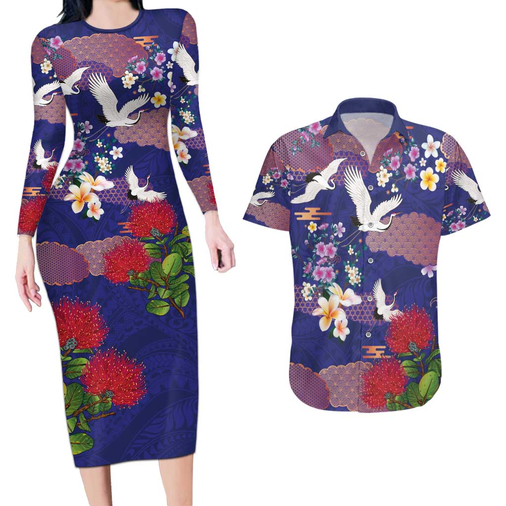 Hawaiian and Japanese Culture Together Couples Matching Long Sleeve Bodycon Dress and Hawaiian Shirt Blue Ohia Lehua Plumeria and Sakura Blooming - Polynesian Pride