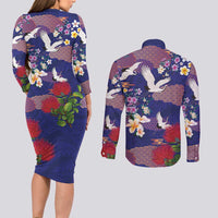 Hawaiian and Japanese Culture Together Couples Matching Long Sleeve Bodycon Dress and Long Sleeve Button Shirt Blue Ohia Lehua Plumeria and Sakura Blooming - Polynesian Pride