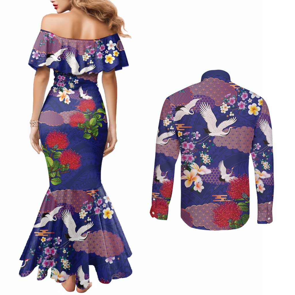 Hawaiian and Japanese Culture Together Couples Matching Mermaid Dress and Long Sleeve Button Shirt Blue Ohia Lehua Plumeria and Sakura Blooming - Polynesian Pride