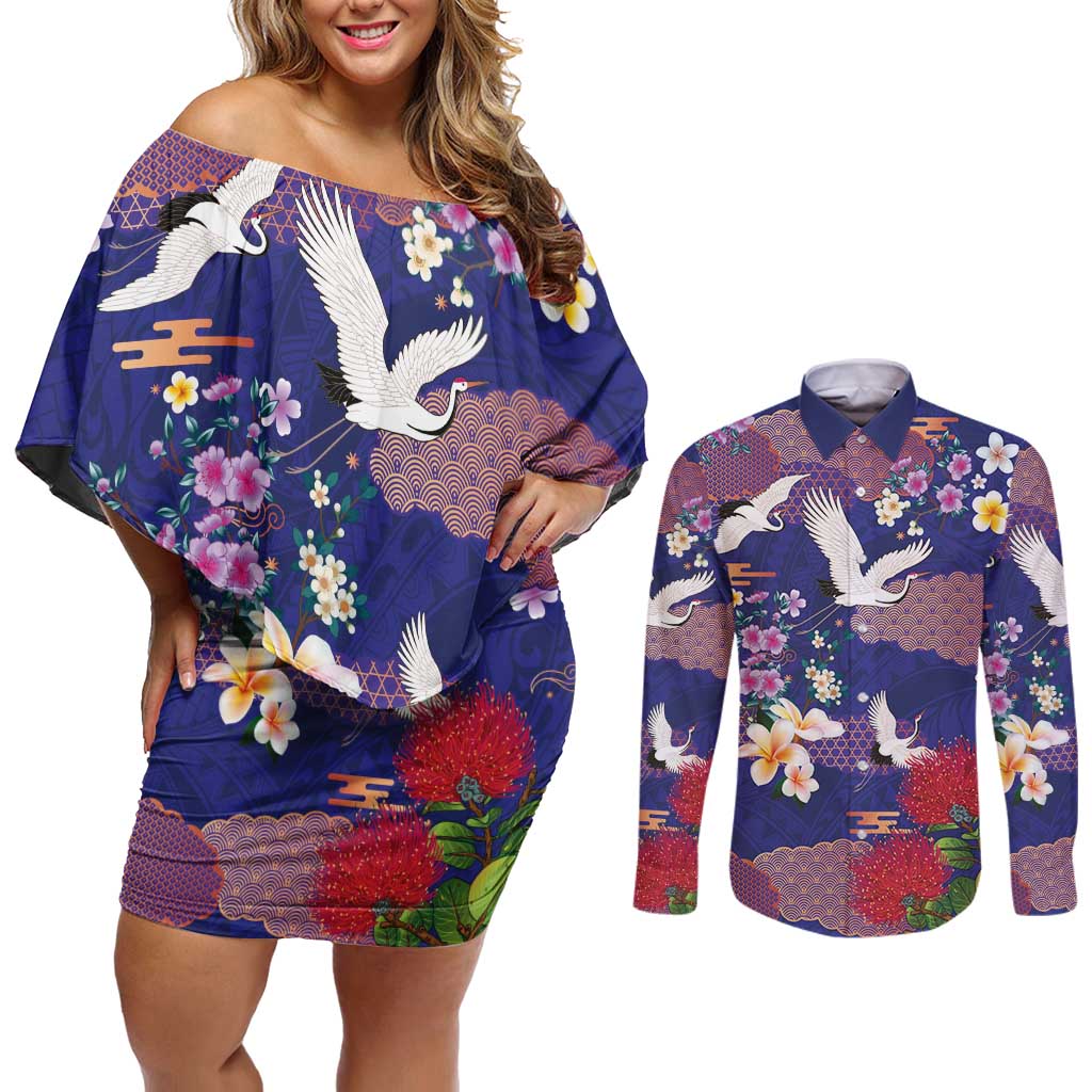 Hawaiian and Japanese Culture Together Couples Matching Off Shoulder Short Dress and Long Sleeve Button Shirt Blue Ohia Lehua Plumeria and Sakura Blooming - Polynesian Pride