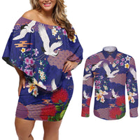 Hawaiian and Japanese Culture Together Couples Matching Off Shoulder Short Dress and Long Sleeve Button Shirt Blue Ohia Lehua Plumeria and Sakura Blooming - Polynesian Pride