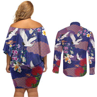 Hawaiian and Japanese Culture Together Couples Matching Off Shoulder Short Dress and Long Sleeve Button Shirt Blue Ohia Lehua Plumeria and Sakura Blooming - Polynesian Pride