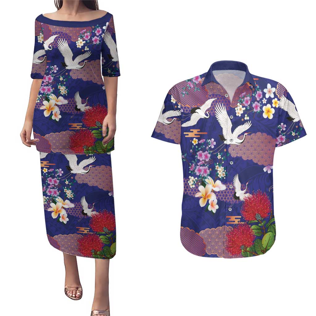 Hawaiian and Japanese Culture Together Couples Matching Puletasi and Hawaiian Shirt Blue Ohia Lehua Plumeria and Sakura Blooming - Polynesian Pride