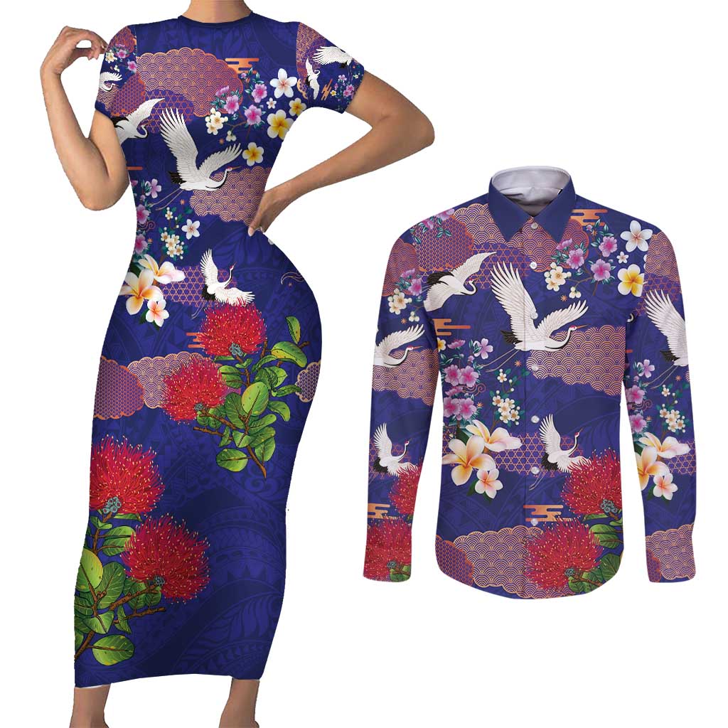 Hawaiian and Japanese Culture Together Couples Matching Short Sleeve Bodycon Dress and Long Sleeve Button Shirt Blue Ohia Lehua Plumeria and Sakura Blooming - Polynesian Pride