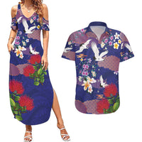 Hawaiian and Japanese Culture Together Couples Matching Summer Maxi Dress and Hawaiian Shirt Blue Ohia Lehua Plumeria and Sakura Blooming - Polynesian Pride