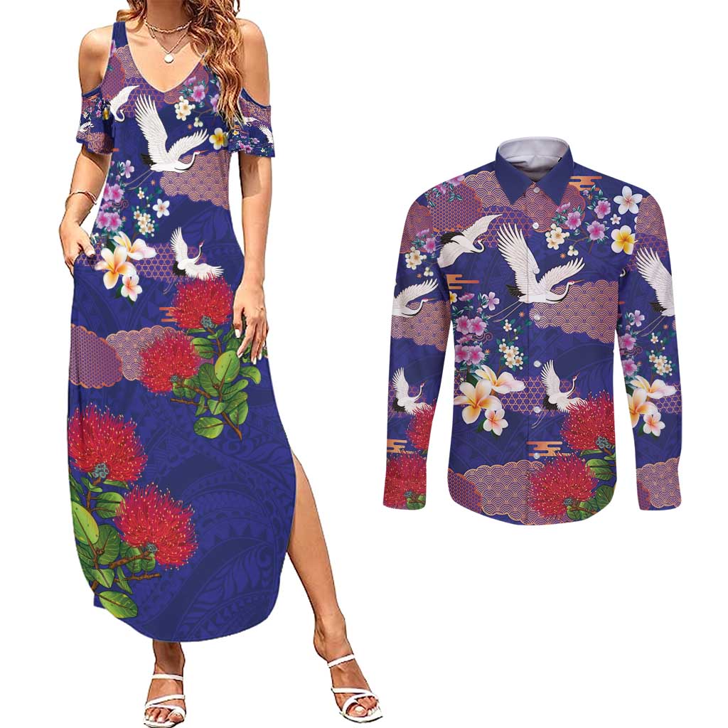Hawaiian and Japanese Culture Together Couples Matching Summer Maxi Dress and Long Sleeve Button Shirt Blue Ohia Lehua Plumeria and Sakura Blooming - Polynesian Pride