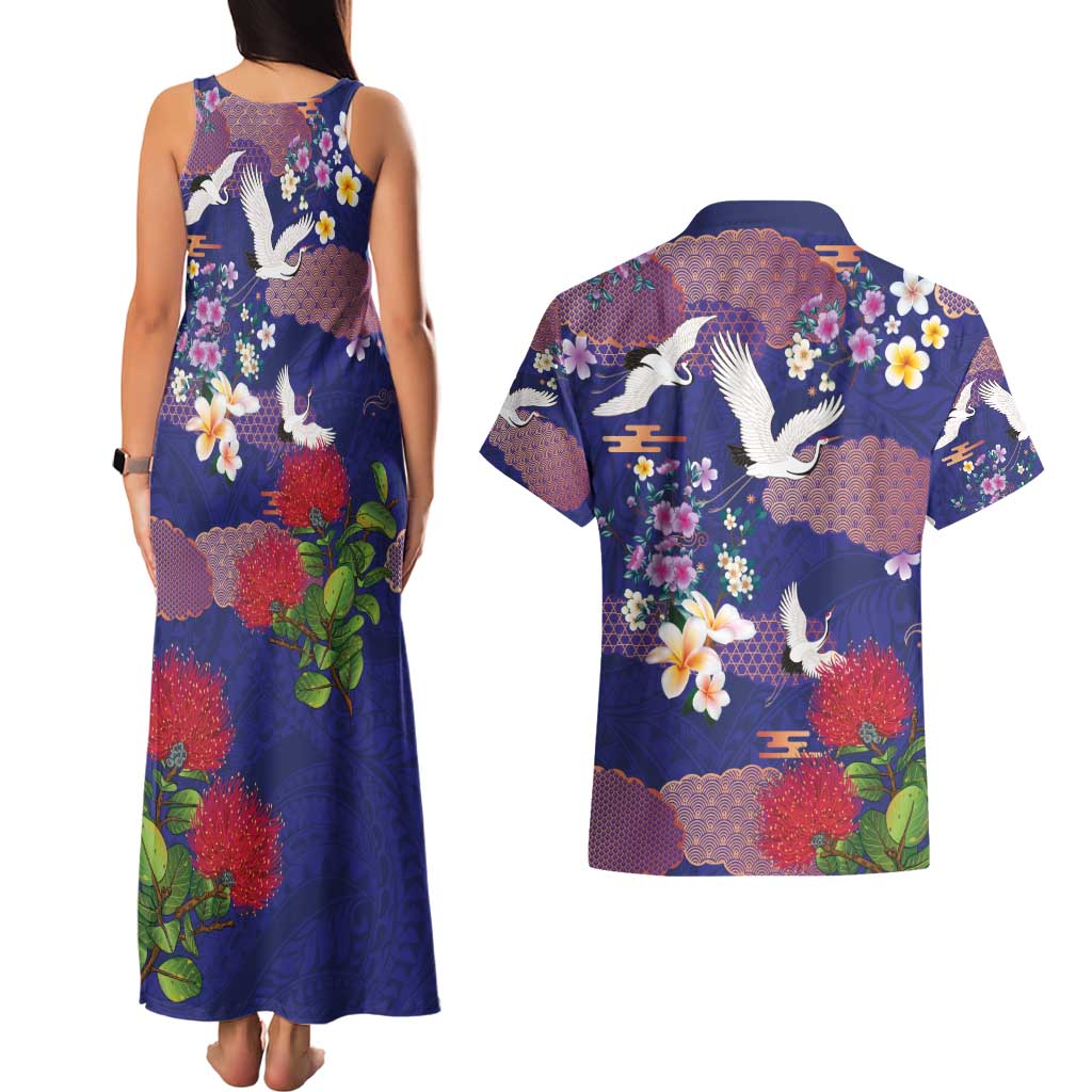 Hawaiian and Japanese Culture Together Couples Matching Tank Maxi Dress and Hawaiian Shirt Blue Ohia Lehua Plumeria and Sakura Blooming - Polynesian Pride