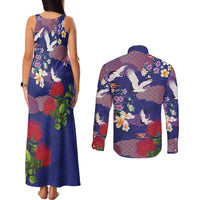 Hawaiian and Japanese Culture Together Couples Matching Tank Maxi Dress and Long Sleeve Button Shirt Blue Ohia Lehua Plumeria and Sakura Blooming - Polynesian Pride