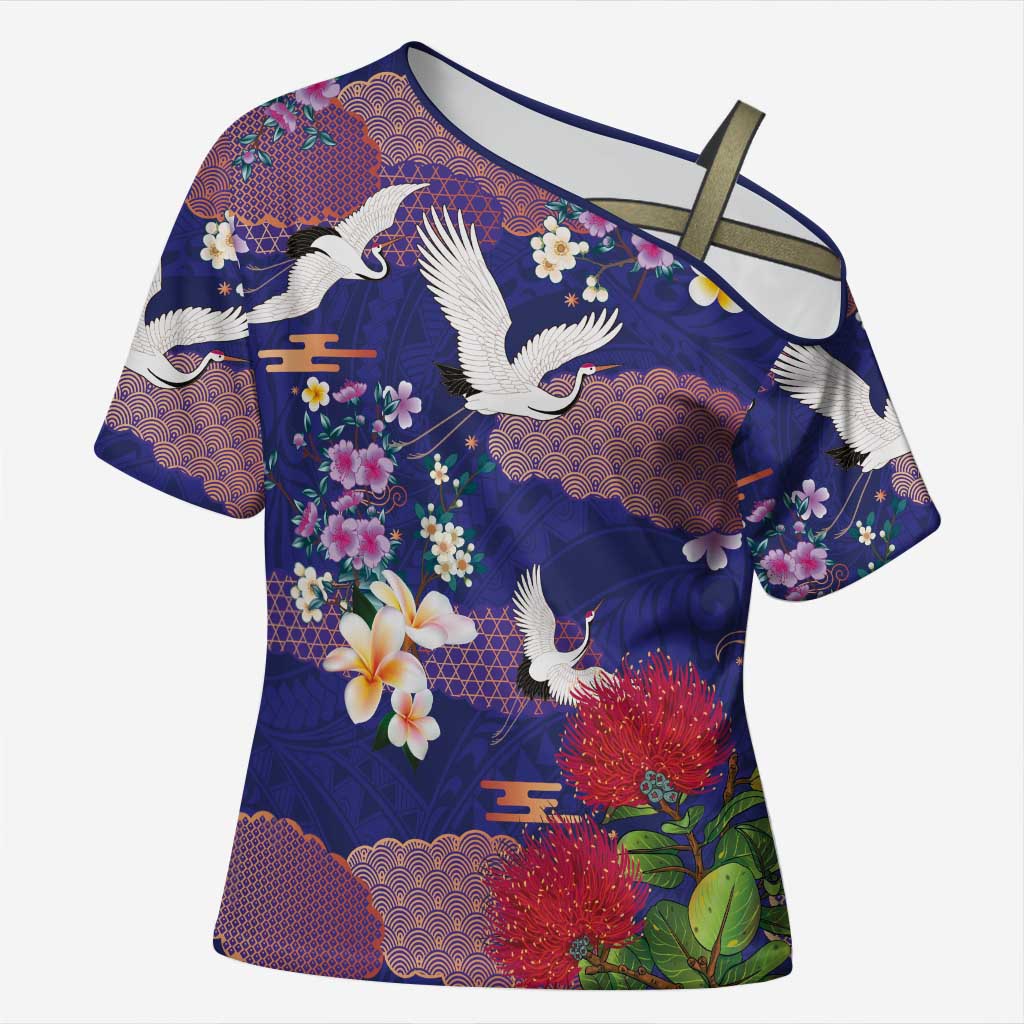 Hawaiian and Japanese Culture Together Cross Shoulder Shirt Blue Ohia Lehua Plumeria and Sakura Blooming - Polynesian Pride