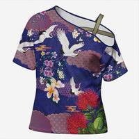 Hawaiian and Japanese Culture Together Cross Shoulder Shirt Blue Ohia Lehua Plumeria and Sakura Blooming - Polynesian Pride