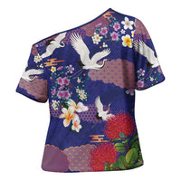 Hawaiian and Japanese Culture Together Cross Shoulder Shirt Blue Ohia Lehua Plumeria and Sakura Blooming - Polynesian Pride
