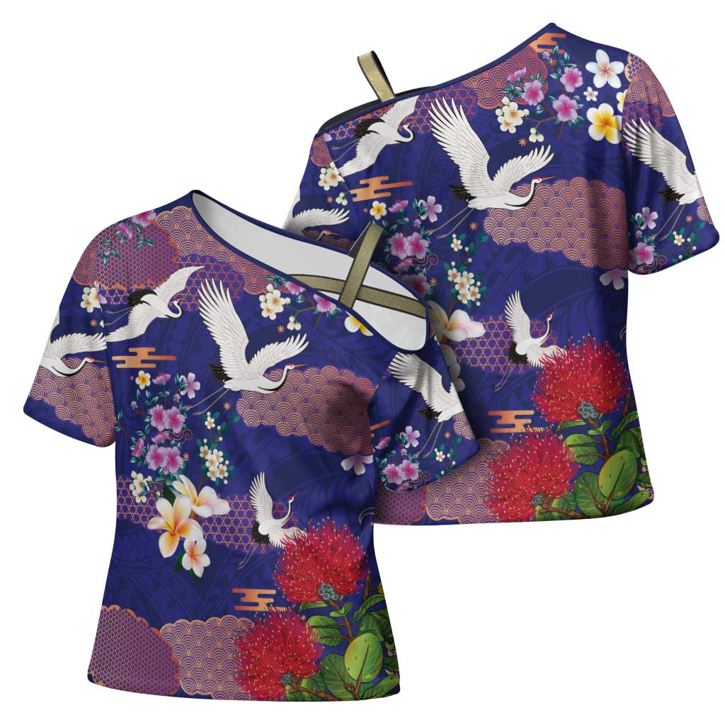 Hawaiian and Japanese Culture Together Cross Shoulder Shirt Blue Ohia Lehua Plumeria and Sakura Blooming - Polynesian Pride