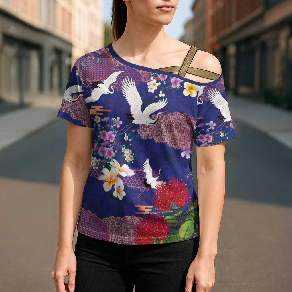 Hawaiian and Japanese Culture Together Cross Shoulder Shirt Blue Ohia Lehua Plumeria and Sakura Blooming - Polynesian Pride