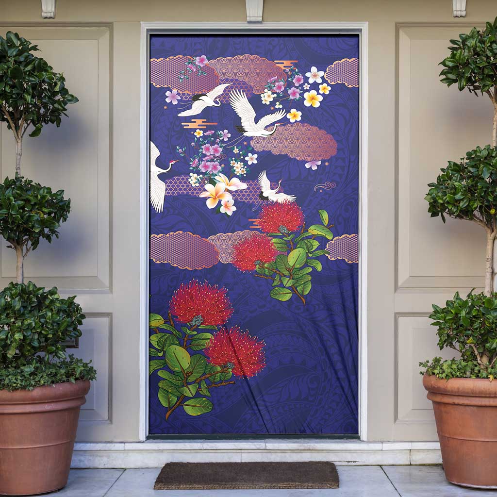 Hawaiian and Japanese Culture Together Door Cover Blue Ohia Lehua Plumeria and Sakura Blooming LT03 Blue - Polynesian Pride