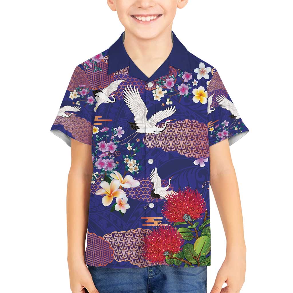 Hawaiian and Japanese Culture Together Family Matching Long Sleeve Bodycon Dress and Hawaiian Shirt Blue Ohia Lehua Plumeria and Sakura Blooming - Polynesian Pride