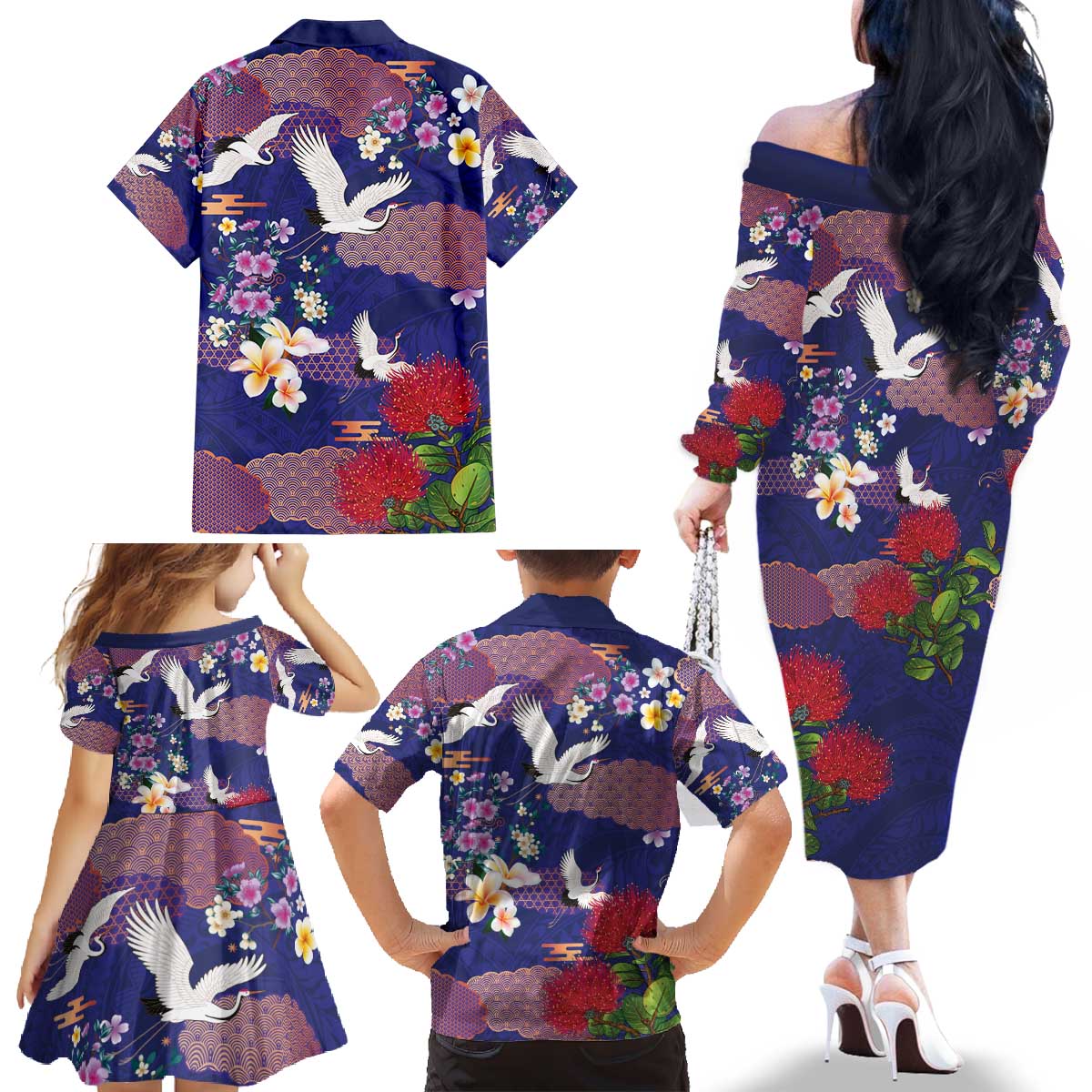 Hawaiian and Japanese Culture Together Family Matching Off The Shoulder Long Sleeve Dress and Hawaiian Shirt Blue Ohia Lehua Plumeria and Sakura Blooming - Polynesian Pride