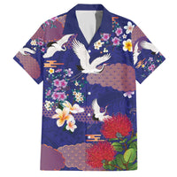 Hawaiian and Japanese Culture Together Family Matching Off The Shoulder Long Sleeve Dress and Hawaiian Shirt Blue Ohia Lehua Plumeria and Sakura Blooming - Polynesian Pride