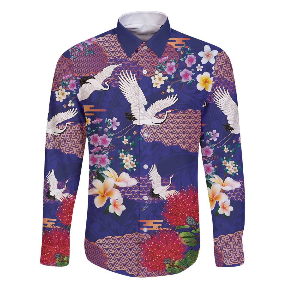 Hawaiian and Japanese Culture Together Family Matching Off The Shoulder Long Sleeve Dress and Hawaiian Shirt Blue Ohia Lehua Plumeria and Sakura Blooming - Polynesian Pride